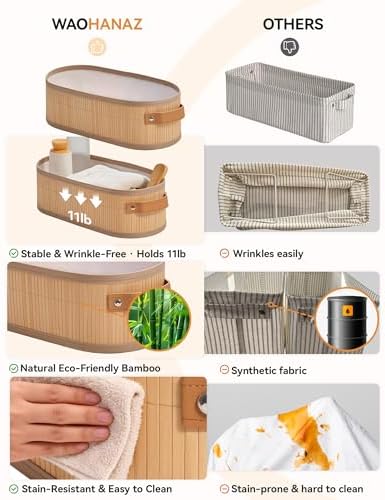 Narrow Storage Bins, Small Basket for Closet and Shelves, Bamboo Toilet Paper Storage Organizer with Handles for Counter
