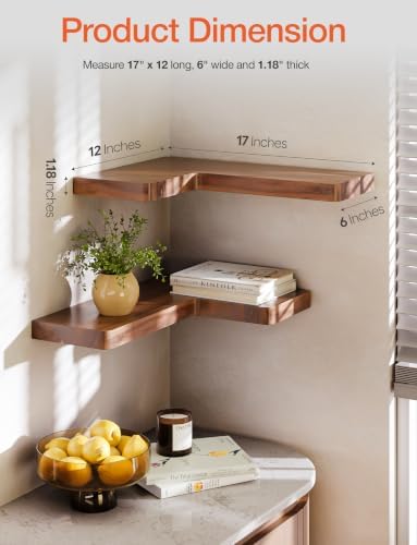 BATODA Corner Floating Shelves 17” x 12”, Easy to Install (Walnut Color)