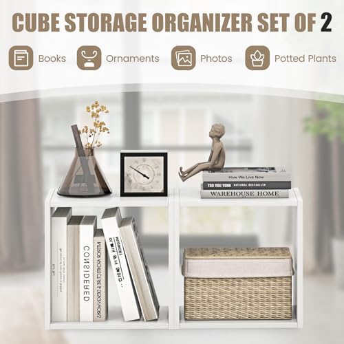 2 Stackable Cubes Bookcase, Wooden Cubby Storage Organizer (White)