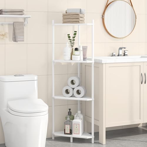 Wisuce White Small Corner Shelf Stand, 4-Tier Bamboo Corner Bookshelf