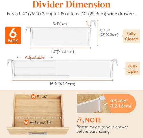 Lifewit 3.1" High 6 Pack Hanging Kitchen Drawer Dividers, 26-42cm/10-17 Adjustable Drawer Organizers for Utensils, Expan