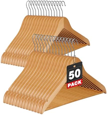 SUPER DEAL Wooden Hangers 50 Pack, Coat Hangers with Shoulder Notches 360 Swivel Chrome Hook Smooth Finish Non-Slip for Strap, Dress, Shirt, Pant, Jacket, Natural