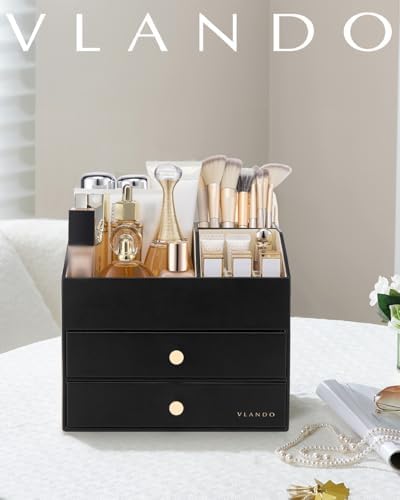 VLANDO 3-Layer Makeup Organizer with 2 Large Drawers for Vanity,Black