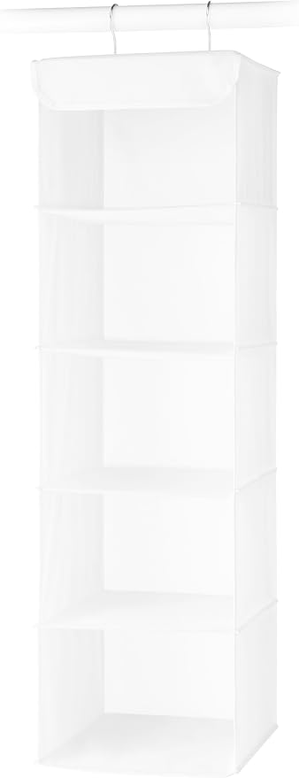 Whitmor 5 Tier Shelf Hanging Closet Organizer, Hanging Shelves with 2 Sturdy Metal Hooks,Foldable(White)