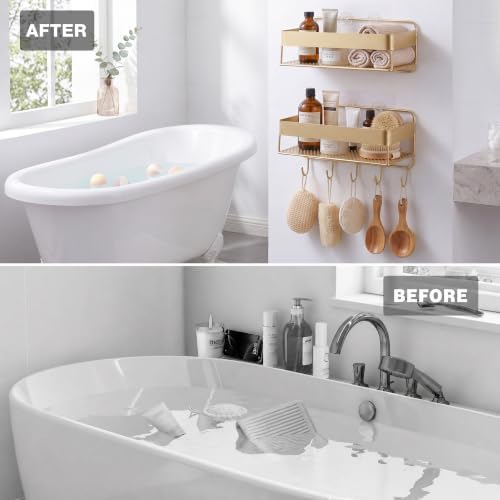 Gold Bathroom Wall Mount Floating Shelf 2 Pack, No Drilling Shower Organizer Rack with Hooks, Rustproof Metal Bathroom S