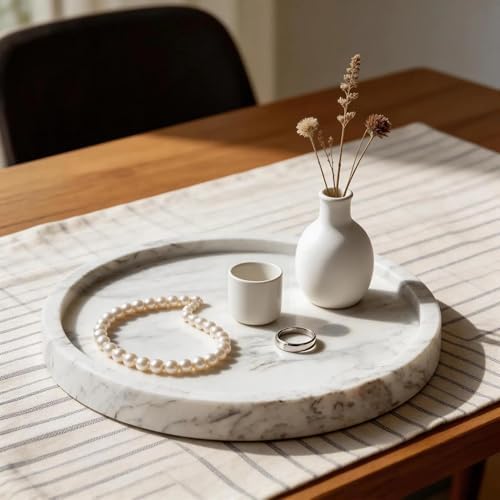 Natural Marble Decorative Tray for Bathroom Bedroom Kitchen Dresser, Round Vanity Trays for Jewelry, Perfume, Cosmetic, 