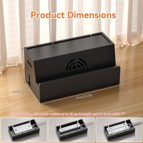 Bamboo Cable Management Box, Black, 31X14X15.5CM
