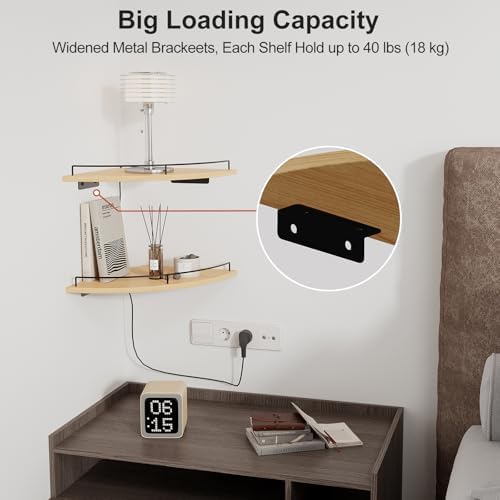 JJL Corner Shelf Wall Mounted, 12 Inches 2-Tier Floating Corner Shelf, Fan-Shaped Rustic Wood Decor with Fence, Natural 