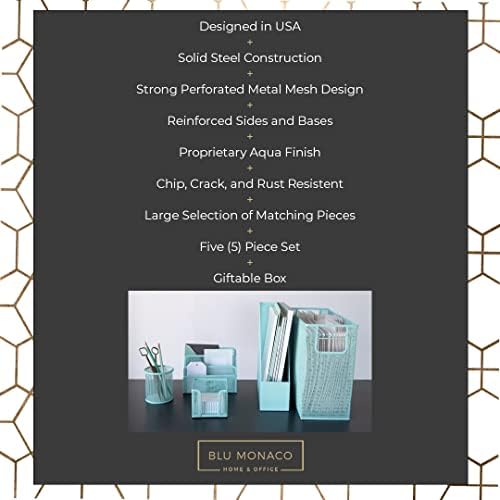 BLU MONACO Aqua Desk Organizer Set | 5-Piece Metal Office Supplies Set with Hanging File Organizer, Magazine Holder, Pen Cup, Sticky Note Holder & Letter Sorter | Cute Aqua Desk Accessories for Women