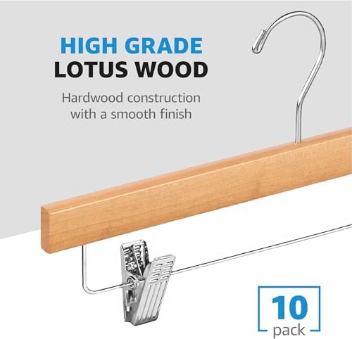 ZOBER Wooden Pants Hangers with Clips, Clothes Hangers, Natural, 10 Pack
