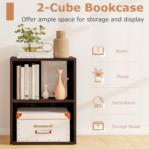 2 Cube Shelf, Wood Cubby Storage Organizer, 2 Shelf Bookcase with Adjustable Shelf, 21" Low Shelves, Small Bookshelf for