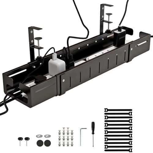 Under Desk Cable Management Tray, Expandable Length 25.2"-38.6",No Drill No Damage to Desk,Cable Tray with Clamp for wit