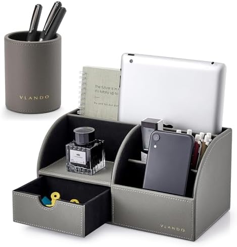 VLANDO 2 Pcs PU Leather Desk Caddy Set with Drawer,Pen Holder