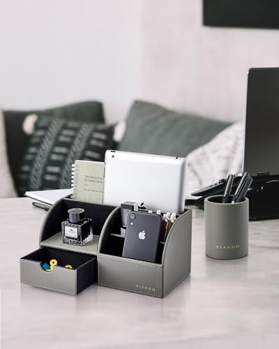 VLANDO 2 Pcs PU Leather Desk Caddy Set with Drawer,Pen Holder