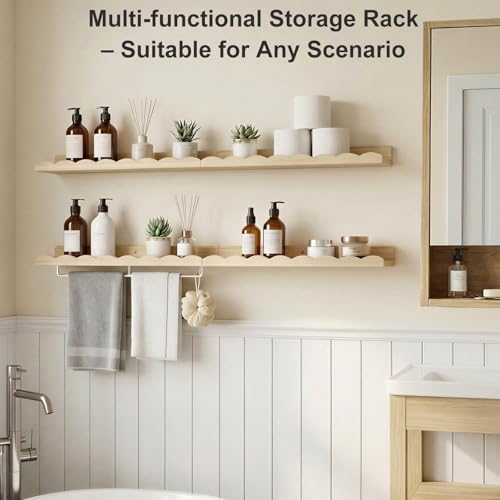 Fixwal Nursery Shelves, 24 Inch Floating Bookshelves for Wall Set of 4, Scalloped Wall Book Shelves with Towel Rack for 