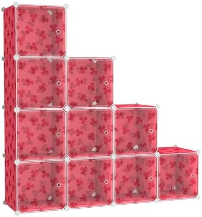 C&AHOME Clover Embossed 10-Cube Storage Organizer with Door Cube Shelf Red