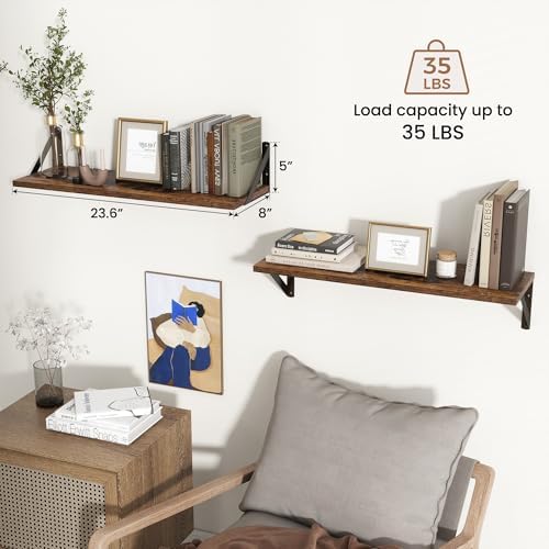 Axeman 24 Inch Floating Shelves, 8 Inch Deep Brown Wall Shelves Set of 2