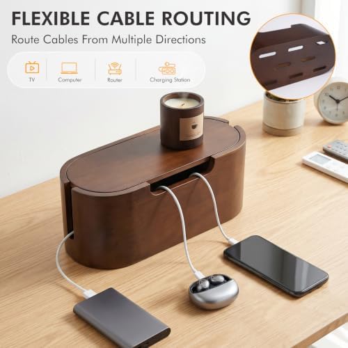 Wooden Cable Management Box with Lid, Decorative Cord Organizer for Power Strip & Charger Cables, Ventilation Holes & Si