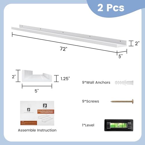 FLYJOE Picture Ledge Shelf, Floating Shelves Set of 2, Solid Pine Wood 72'' Long Large Nursery Book Shelves for Toys Storage, Kids Bookshelf for Living Room Bedroom Decor Books Photo Frames, White