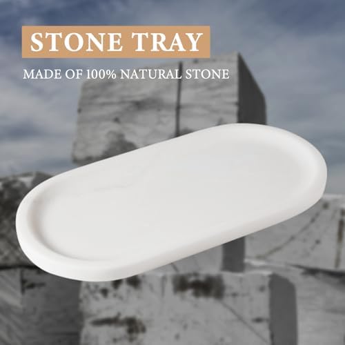Koville Natural Marble Tray for Bathroom Decor Countertop, Vanity Tray Italy Oval Stone Trays for Candles Perfume, Stora