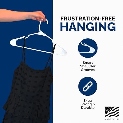Closetselect Plastic Hangers 50 Pack, Strong Space Saving Notch Hanger, Made in USA, Perfect Shirt or Coat Plastic Hanger, with Shoulder Grooves, White, Notched