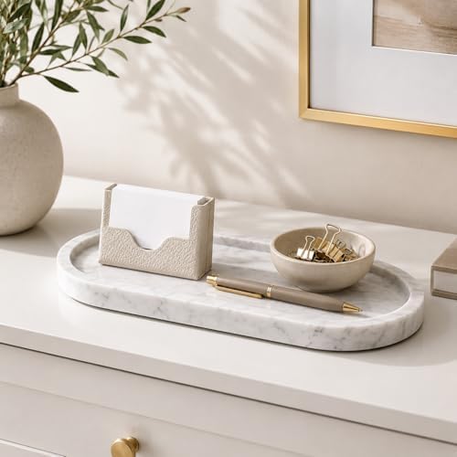 Natural Marble Vanity Tray Waterproof Italy Stone Bathroom Organizer for Perfume, Candles & Jewelry Non-Slip Oval Storag