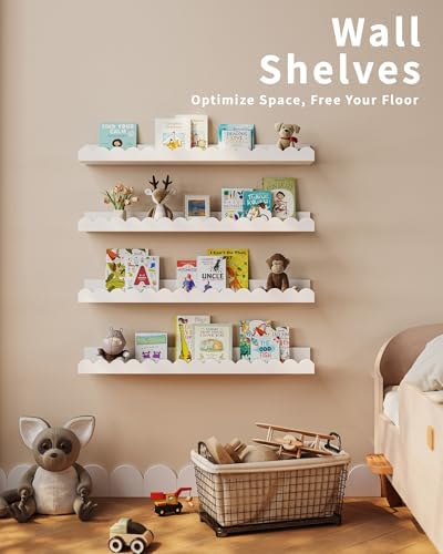 Shario Nursery Book Shelves, 4-Pack White Floating Shelves for Wall Kids, Scalloped Shelves, Wall Book Shelves for Bedro