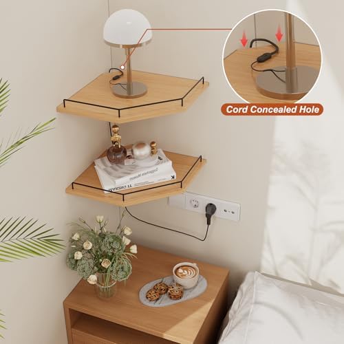 JJL Corner Shelf Wall Mounted, 12 Inches 2-Tier Floating Corner Shelf, Hexagon Rustic Wood Decor with Fence, Natural Woo