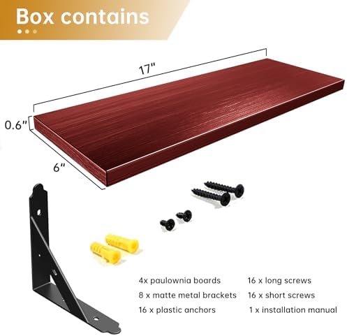 ROMGUAR CRAFT Wood Wall Floating Shelves Set of 4, 17" x 6" - Red