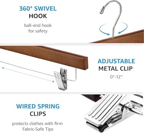 ZOBER Wooden Pants Hangers with Clips, Clothes Hangers, Vintage, 10 Pack