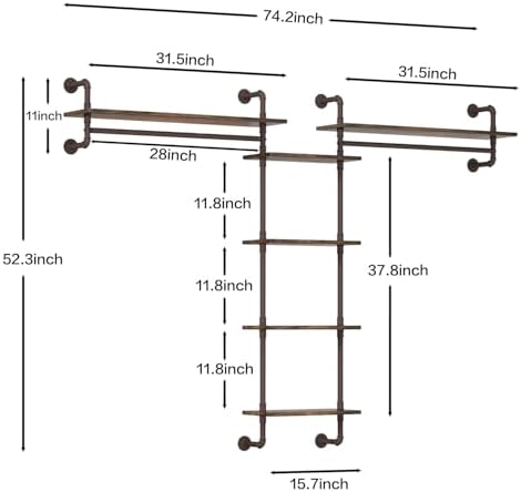 Helsin 5-Tiers 74inch Large Rustic Industrial Pipe Floating Shelving, Wall Mounted Heavy Duty Clothes Rack with Double H