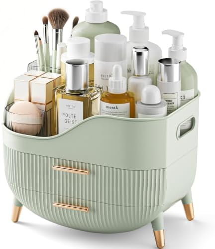 Pajiriona Makeup Organizer with Drawers, Green Skincare Organizer for Vanity, Storage Box with Handle, Large Cosmetic Di