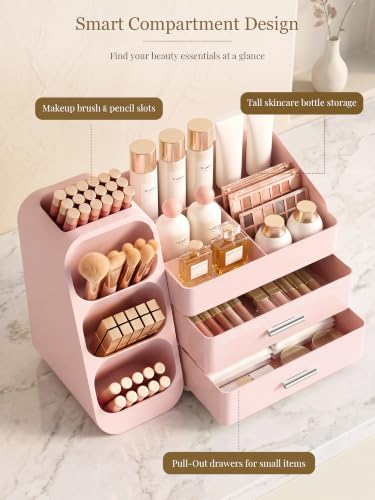 Booklov Large Makeup Organizer for Vanity Countertop, Pink