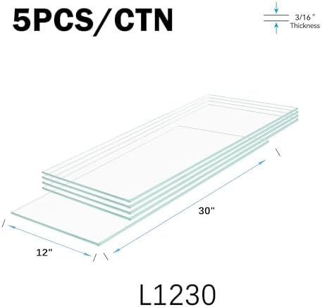 12" x 30" - 5-Pcs Tempered Glass Rectangular Shelves - 3/16" Thick - Home & Office Storage Racks