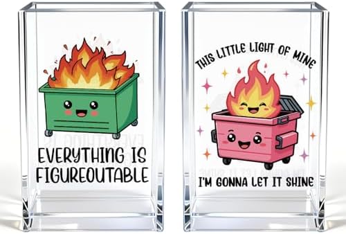 Dumpster Fire Funny Acrylic Pencil Pen Holder Cup Set 2, Cute Pencil Holder Desk Organizer, Dumpster Fire Desk Accessories, Mental Health Gifts for Women Men Teachers Colleagues Students