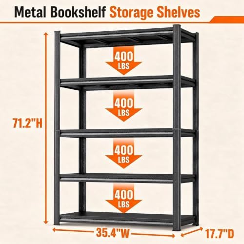 PRESTELION 5-Tier Metal Bookshelf, No Assembly, Adjustable Tall Bookcase