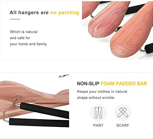 TOPIA HANGER Unfinished American Red Cedar Wood Coat Suit Hangers, Luxury Wooden Jacket Clothes Hangers, Wide Shoulder with Black Padded Pant Bar- 360°Flexible Hook, 4 Pack- Natural- CT07W