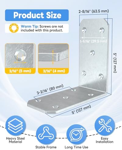 5 Inch Heavy Duty L Brackets, 90 Degree Bracket, Galvanized-8 Pcs