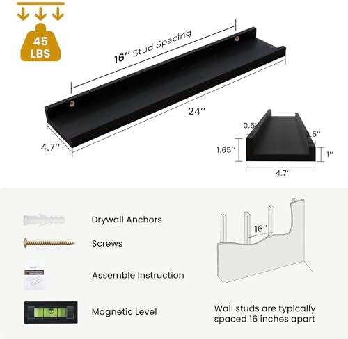 Acovy Solid Ash Wood Picture Ledge Shelf, 24 Inch, Black, Set of 2