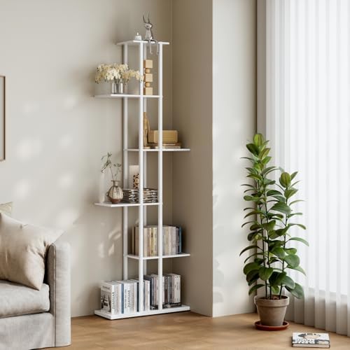 6 Tier Narrow Bookshelf, Tall Skinny Bookshelf, Slim Open Bookcase Corner