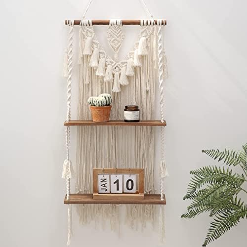 2-Tier Macrame Wall Hanging Shelf & Boho Decor, Wooden Floating Shelves