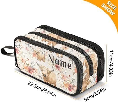 Custom Cute Highland Cows Flowers Pencil Case Box Boys Girls Personalized Name Large Pencil Pouch Stationery Pen Bag Organizer for Kids Adults School Office