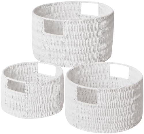Vagusicc Wicker Storage Basket, Hand-Woven Paper Rope Large Round Woven Basket With Handles, Wicker Baskets for Organizing/Storage, White, 3-Pack