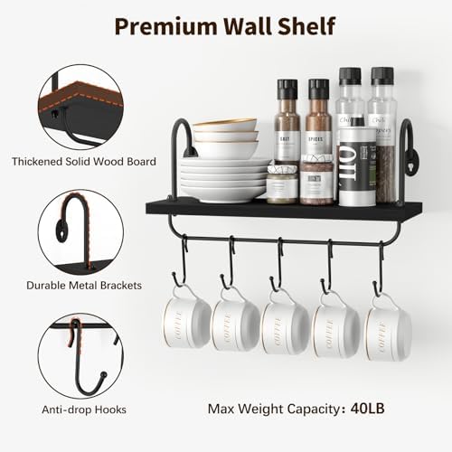 Olakee Floating Wall Shelves for Kitchen Bathroom Coffee Nook with 10 Adjustable Hooks for Mugs Cooking Utensils or Towe