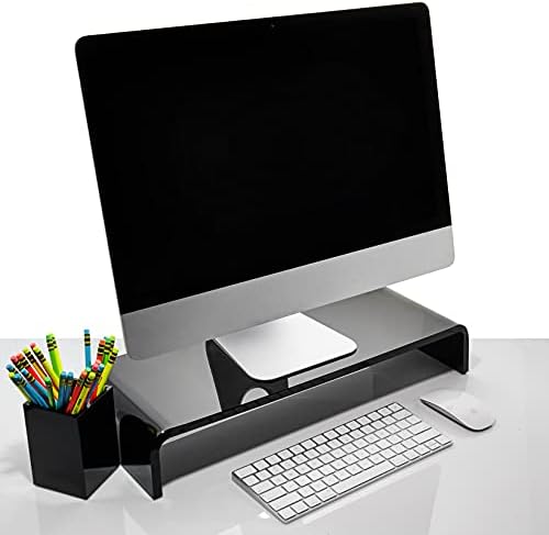 Acrylic Monitor Stand with Matching Pen Holder, 12mm Thick Clear Acrylic Monitor Riser, Laptop Stand for Home, Office, a
