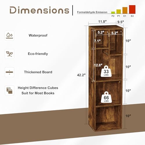VECELO 4-Tier Bookcase, Modern Storage Cabinet with Height Difference Shelves for Standard Textbooks, 5 Cubes, Vertical 
