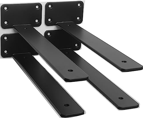 4 Pack - 10 inch Black Hidden L Shelf Bracket (1/5 Inch Thicked) Iron Floating Shelf Brackets Rustic Industrial Metal Br