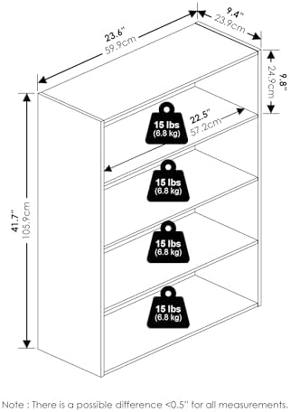 Furinno PASIR Book Shelf, 3-Tier Bookshelf, Storage Shelves Bookcase, 9.7 x 23.7 x 31.5, for Living Room, Bedroom, Home 