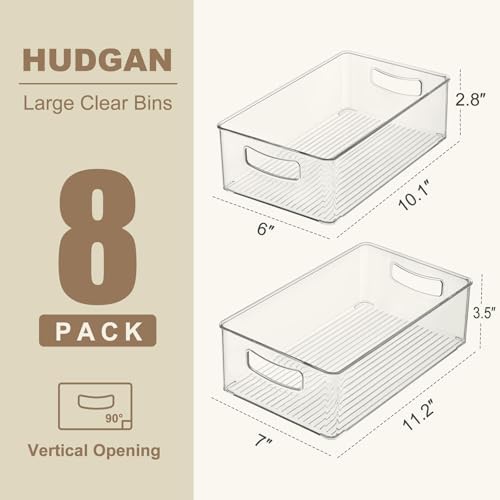 Hudgan Clear Storage Bins 8 Packs for Refrigerator, 4 Large Stackable Pantry Organizer Bins and 4 Medium Storage Plastic