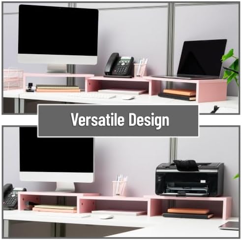 Mind Reader Dual Monitor Stand, Desktop Organizer, Laptop Riser, Office, MDF, 51.25"L x 9.25"W x 4.75"H, Pink